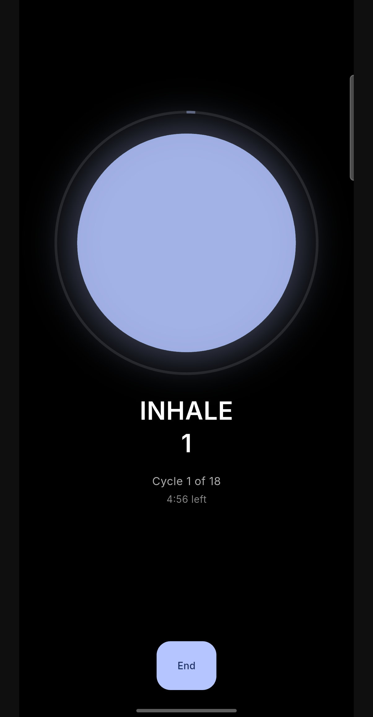 Respite's breathing pacer mid-session, showing an inhale phase and cycle count