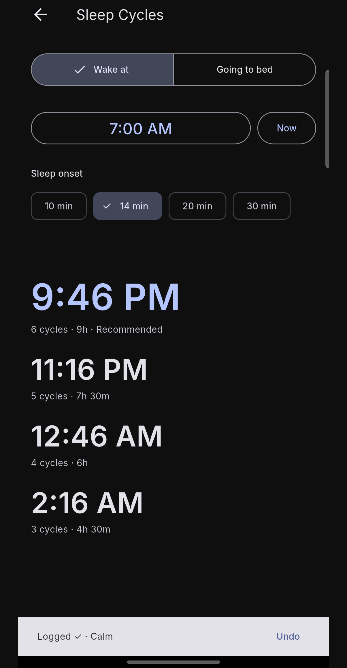 Sleep cycle calculator showing four wake-time options